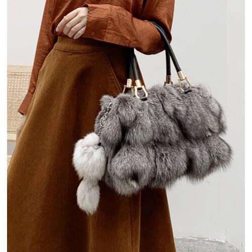 Fashion Fox Fur Bag Cowhide Hand-Carrying Genuine Leather Shoulder Crossbody Womens Bag Autumn and Winter Real Fur Bag Trend