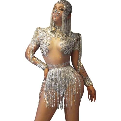 Fashion Sparkly Rhinestones Chains Fringes Outfit Shining Big Crystals Mesh Sexy Bodysuit Nightclub Party Wear Dancer Costumes