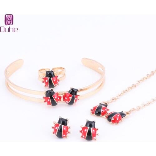 Fashion Girl Jewelry Lovely Ladybug Children Necklace Bangle Earring Ring Kids Baby Costume Jewelry Set 5 Colors