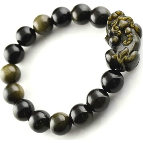 Fashion Unisex Jewelry Chinese Natural Stone Pixiu Carved Charms Bracelets Lucky Gold Obsidian Bracelet 5pc/lot