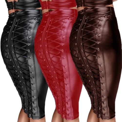 PUNK FASHION Faux Leather Midi Skirts Womens High Waist Lace-up Wrap Pencil Skirt Sexy Hip Wetlook Vinyl Skirts Black Brown Red