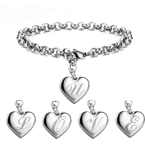 2021 New Customize Letter A-Z Heart Pendant Bracelet For Women Initial Alphabet Stainless Steel Fashion Chain For Girl Jewelry