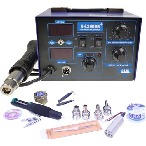 Electric Iron Hot Air Gun Welding Station With Tin Absorber Double Digittal Display Solder Station SAIKE 952D 2 In 1 SMD Rework