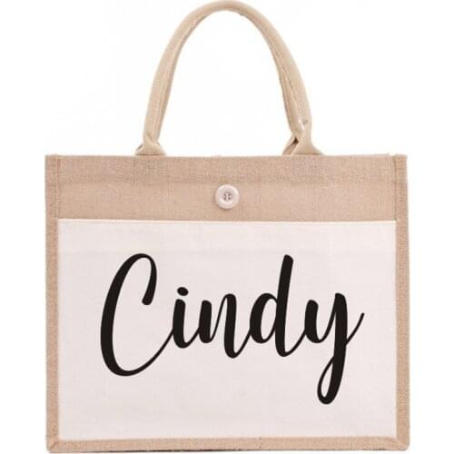 Personalised Jute Bag Small with Pocket Dinner Bag Work Bag Office Lunch Bag Gift Bag Bridesmaid Modern Teacher Nursery Name Bag