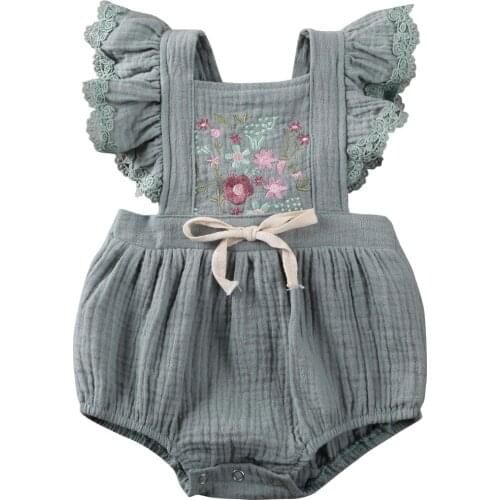 Pudcoco Emboridery Floral Bodysuit for Newborn Infant Baby Girl Clothes Ruffle Jumpsuit Flower Summer Outfit