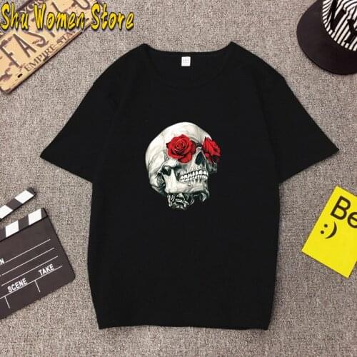 Rose Eye Skull Colored Print T-shirt Funny Women Gothic Hipster Rock Music Tshirt Aesthetic Mexican Halloween Tees Tops y2k top