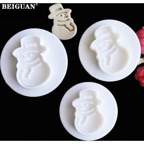 Christmas 3Pcs/Set Snowman Plastic Cookie Cutters Biscuit Cake Spring Piston Mold Cake Decoration 04048