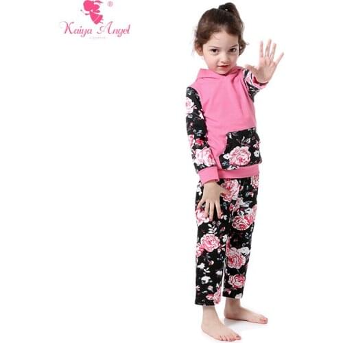 Kaiya Angel Hot Hoodie Children Girl Sets Floral Pink Coats Pants Suit Wholesale Kids Clothes Infant Clothing 5 set/ lot
