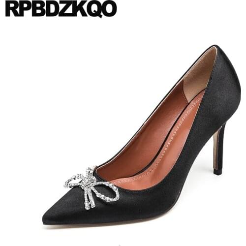 High Heels Rhinestone Stiletto Satin Pumps White Black Women Diamond Bow Pointed Toe Silk 8cm Crystal Bridal Ivory Shoes Wedding