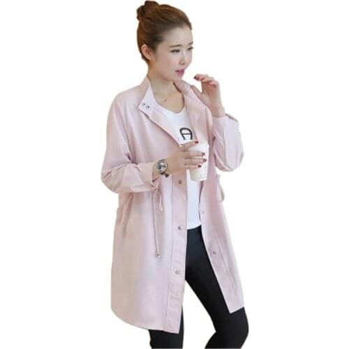 Spring new Korean version of the large size womens jacket thin section pink waist single layer windbreaker ladies long section