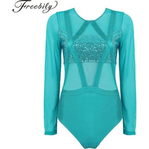 Women Ballet Dancewear Long Sleeves Shiny Sequin and Mesh Splice Leotard Gymnastics Bodysuit Adult Performance Dance Costume