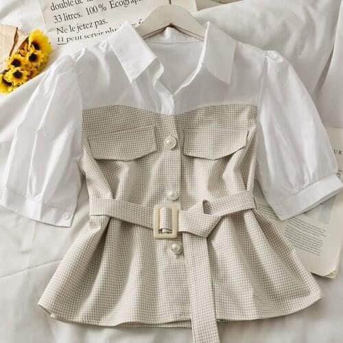 2021 Summer Womens French Stitching Pearl Single-breasted Lapel Small Shirt Belt High Waist Puff Sleeve Shirt Tunic Tunic