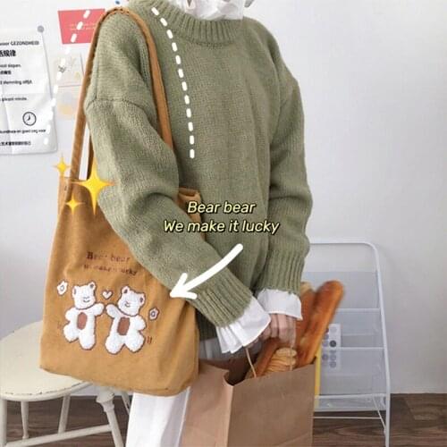 Womens Kawaii Corduroy Bear Embroidered Shoulder Bag Korean Version Of Wild Literature And Art Large-Capacity Canvas Bag