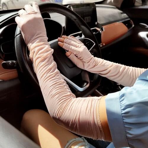 Womens Solid Summer Thin Ice Silk Arm Cover Long Gloves Driving Riding Sun Protection Anti-skid Outdoor Fingerless Arm Gloves