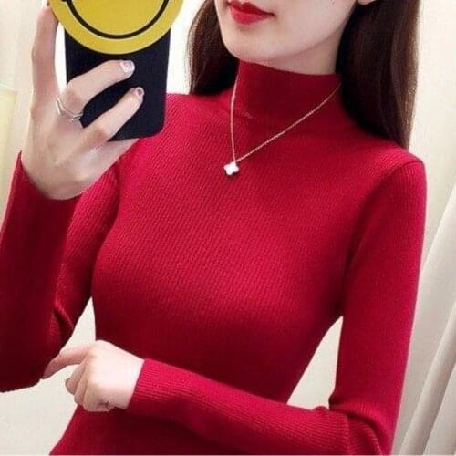 Autumn And Winter New Womens Large Size Solid Color Semi Turtleneck Pullover Lady Long Sleeve Fashion Slim Fitting Knitted Top