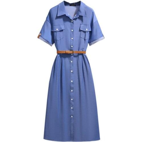 2021 Oversize Women Thin Jeans Dress Summer Short Sleeve Single-Breasted Shirt-Style Long Denim Dresses Plus Size XXL-6XL KW1139