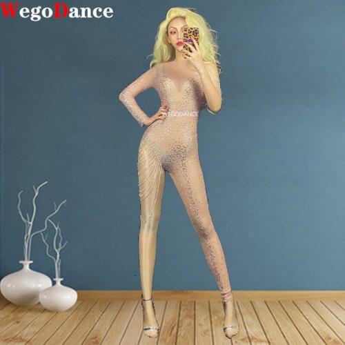 Womens Mesh Sexy Rhinestones Bodysuit Stage Chain Singer Leggings Nightclub Nude Crystals Costume Dance Jumpsuit See Through