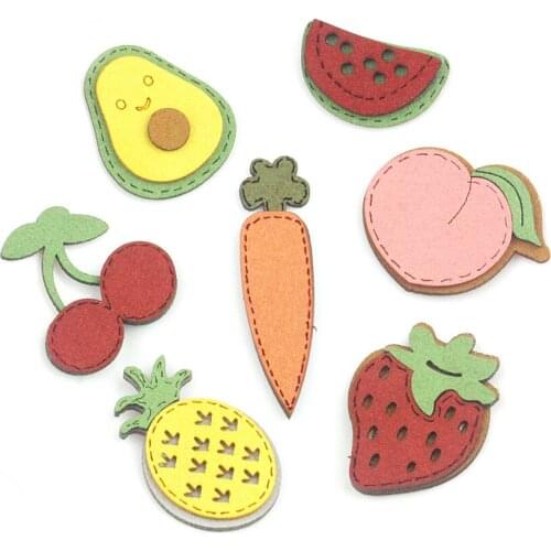 Wholesale 60pcs PU Leather Fabric Patch Sticker Kawaii Fruit Cherry Pineapple Peach Watermelon Carrot Avocado Strawberry Buttons