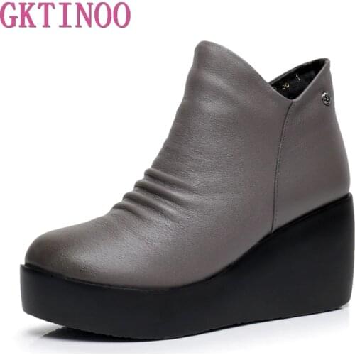 GKTINOO 2020 New Autumn Winter Women Shoes Woman Genuine Leather Wedges Snow Boots Height Increasing Ankle Women Boots Platform