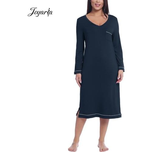 Joyaria Womens Soft Bamboo Long Sleeve V-Neck Nightgown Night Shirt Sleep Dress