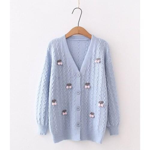Cable Knit Cherry Decorated Long Sleeve Women Cute Loose Fit Sweater Casual Cardigan