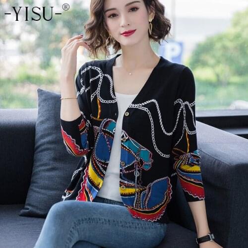 YISU Fashion Printed sweater Cardigan Women Autumn Winter long Sleeve v-Neck Casual Knitted Cardigan Elegant Female Tops Coat