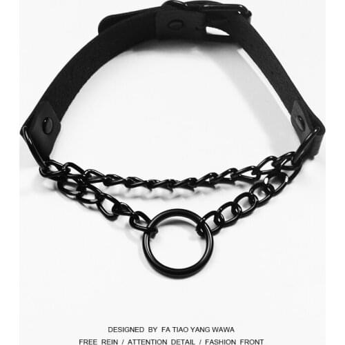 Dark leather ring chain collar