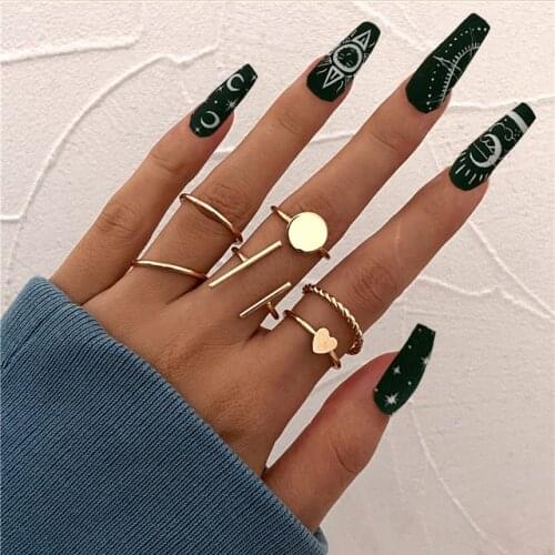 Opening Punk Simplicity Ring Set Bohemia Metal Gold Color Heart for Women Vintage Geometric Chain Knuckle Joint Jewelry Gift