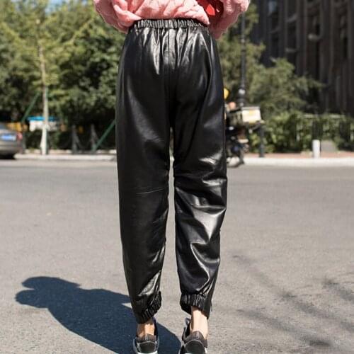 2020 New Zipper Hip Hop Harem Pants Real Sheepskin Trousers Women Casual Streetwear Ladies Loose Genuine Leather Pant