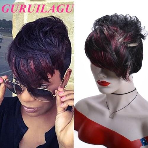 GURUILAGU Short Straight Bob Pixie Cut Wigs For women Full Machine Made Wigs Women Ombre Color Wig With Bangs For Black Women