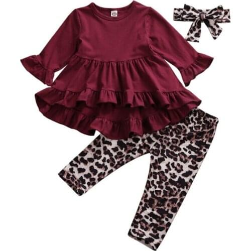 Xmas Toddler Baby Girls Clothes Sets Ruffles Long Sleeve Tops Dress Leopard Pants Headband Outfits 1-6T
