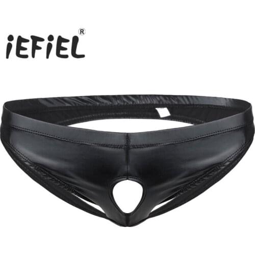 New Arrival Mens Male Lingerie Sexy Mens Shiny Patent Leather Bikini Briefs Jockstrap Gay Open Butt Underwear with Sexy Holes