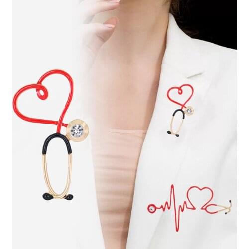 Love Red Heart Stethoscope Brooches For Women Men Crystal Heartbeat Shape Brooch Pins Doctor Nurse Medical Jewelry Brooch Badge