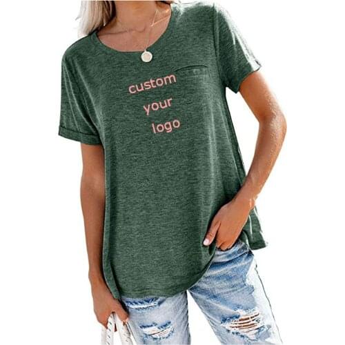 Women Custom Logo T-Shirts Tops Round Neck Pockets Solid Color Loose Short-Sleeved T-Shirts