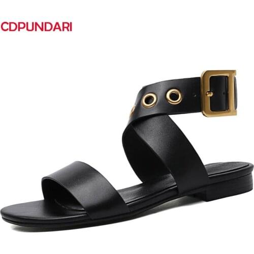 Black White Genuine Leather Ankle Strap Flat Sandals Women Summer Casual Punk Shoes Sandales Femmes 2021 Sandalias Mujer