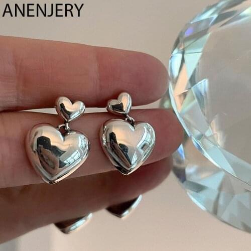 ANENJERY 925 Sterling Silver Big Heart Drop Earrings For Women Girl Simple Temperament Hot Fashion Retro Jwelry Wholesale