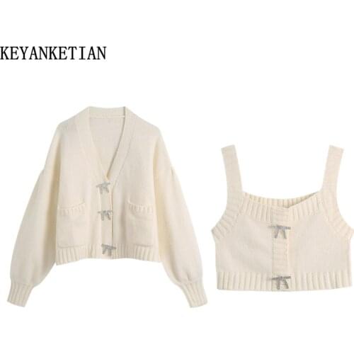 KEYANKETIAN Za womens cardigan fashion faux gemstone bow loose knit sweater coat 2021 white sleeveless sling ladies suit