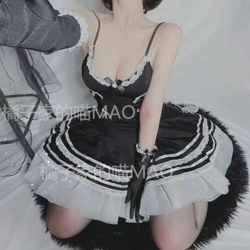 Lolita Sexy Maid Cosplay Costumes Cute Black Dress and Thong Anime Punk Nightclub Girl Gothic Outfit for Woman with Hat Gloves