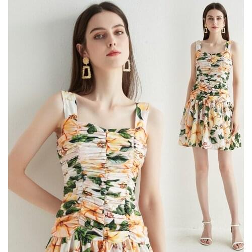 Women Slash Neck Backless Floral Print Ball Gown Pleats Summer Dress Fashion Ruffles Ruched Spaghetti Strap Cotton Dress 391