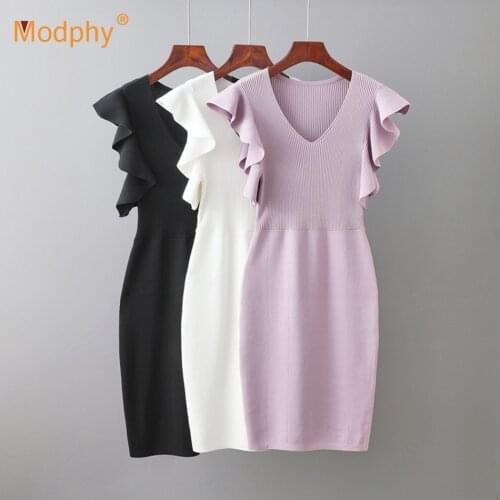 Summer Elegant WomenS Knitted Dress Sexy V-Neck Sleeveless Ruffled Bodycon Female Party Dresses 2021 Fashion New