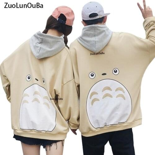Winter Coat Casual Couple Men Women Hoodies Totoro Print Japanese Harajuku Sweatshirt Apricot Large Size Pullover Female