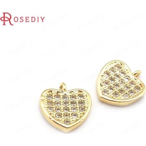39626)6PCS 8x9MM Hole 1MM 24K Gold Color Brass and Zircon Heart Shape Charms Pendants Jewelry Making Supplies Diy Accessories