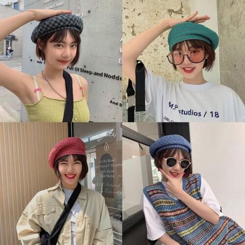 Vintage Women Winter Plaid Hat Beret Korean Style Ladies Painter Newsboy Berets Streetwear