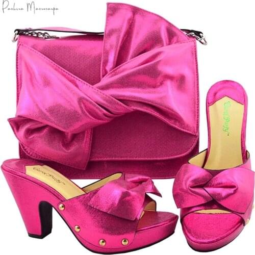 Retro Italian Lady Shoes and Bag to Match Fuchsia Color Nigerian Women Shoes Matching Bag Comfortable Heels Sandals for Wedding