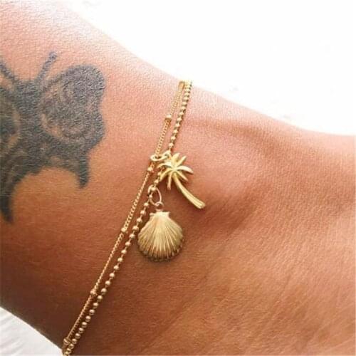Bohemian Handmade Gold Color Double Layer Foot Chain 2019 New Alloy Coconut Tree Shell Anklets for Women Foot Jewelry