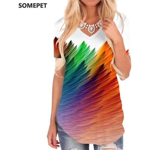 SOMEPET Colorful T Shirt Women Graphics Shirt Print Abstract V-neck Tshirt Rainbow T-shirts 3d Womens Clothing Punk Rock Printed