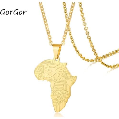 GorGor Geometric Pendant Personality Stainless Steel Eye of Horus Africa Map Gold Pendant Necklace for Men Gift PN-1188