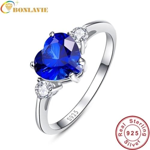 BONLAVIE 2.25Ct 925 Sterling Silver Sapphire Rings Heartstone Princess Blue Wedding Finger Ring for Women Anel Feminino