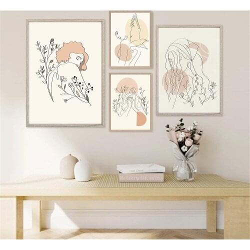 Leaf Flower Orange Minimalist Print Abstract Female Line Drawing Canvas Painting Nordic Poster Wall Art Pictures Home Decoration