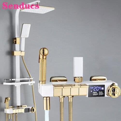 Music Piano Bathroom Shower Set Senducs White Gold Thermostatic Shower System Faucets Wall Mounted Piano Digital Shower Sets